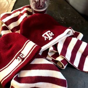 ATM gear. 2 hats 1 scarf no embellishments on scarf. One tin sign and 2 cups